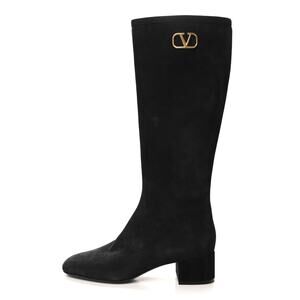 Valentino Garavani VLogo Suede Knee High Riding Boots Black 36 45mm Heel